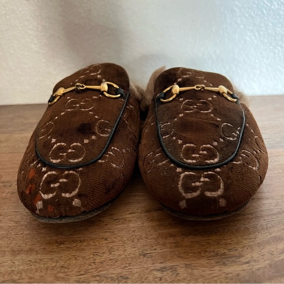 Gucci Princetown Brown Velvet Fur Slip On Flats Size 8.5 - Picture 4 of 17